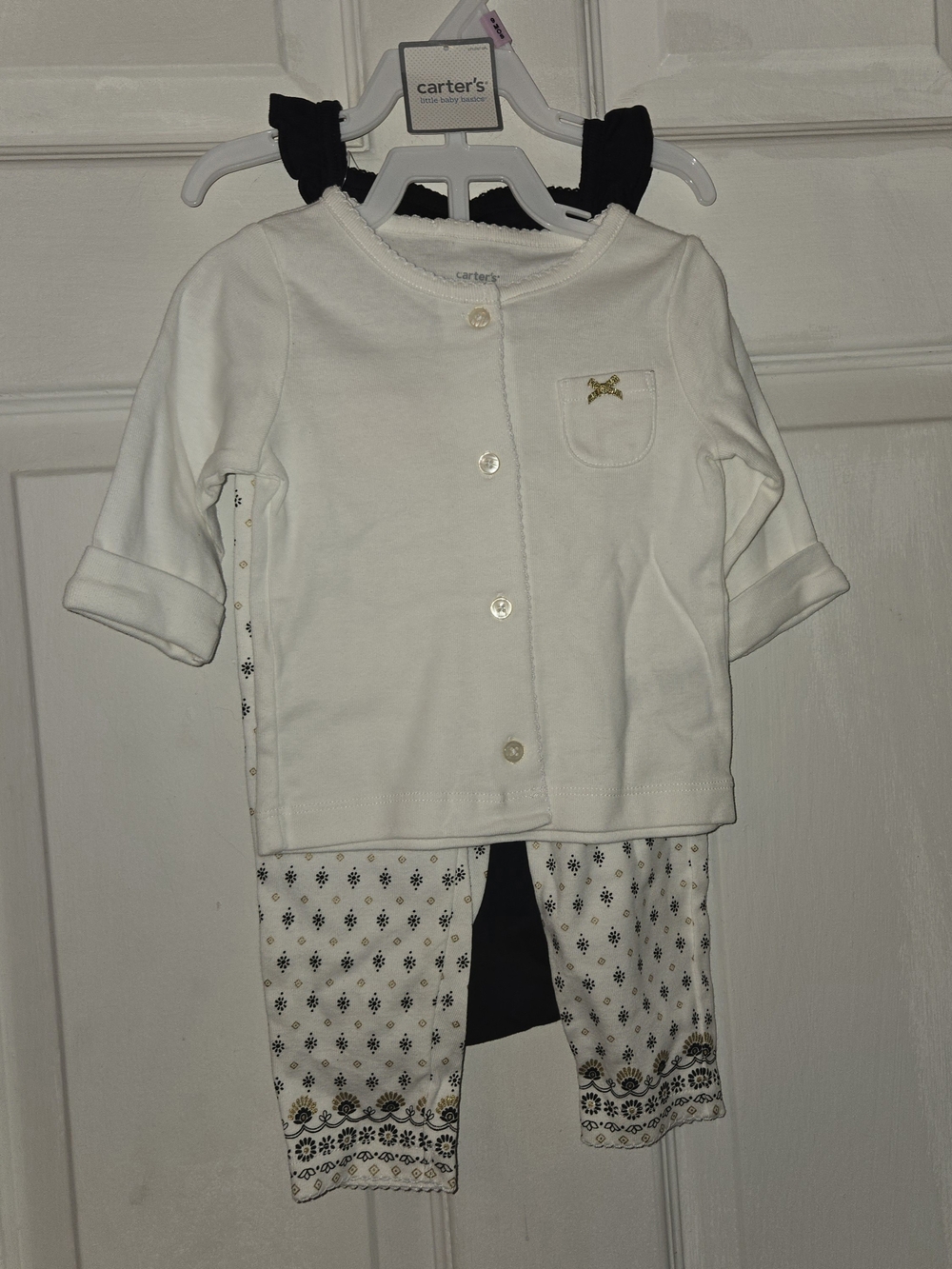 Carter's White, Navy & Gold 3-Piece Pants, Long Sleeve Shirt, & Onesie Set SZ 9M